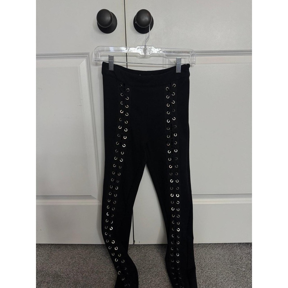Black Stretch Lace Up Grommet Front Pants Women Size Medium Slim Fit Leggings